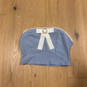 Blue Strapless Top with White Bow